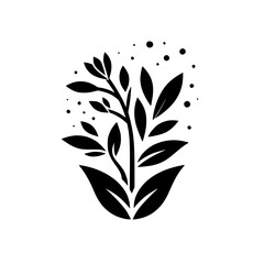 A minimalist black and white botanical illustration of a plant with stylized leaves and dots against a white background, conveying a sense of nature and simplicity.
