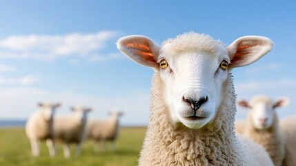 White sheep in a meadow with green grass.