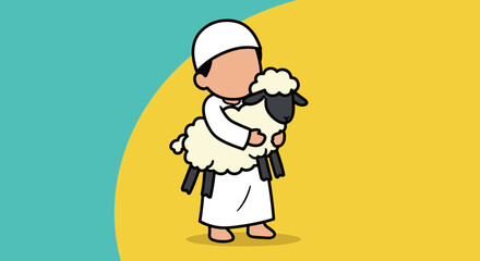 Cartoon Illustration of a Boy in White Holding a Sheep against Yellow and Blue Background
