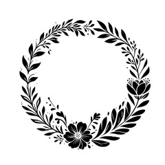 Elegant Floral Wreath: A Black and White Vector Illustration of a Circular Design with Leaves, Blossoms, and Delicate Details.