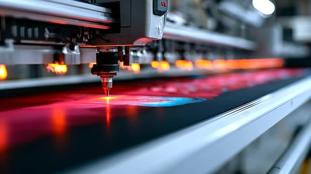 High-resolution close-up of a DTF printer's printhead precisely transferring colorful ink onto a textile surface, capturing the fine details of the design.