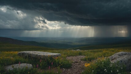 A dramatic landscape showcasing a stormy sky over a vibrant meadow with sunlight breaking through.