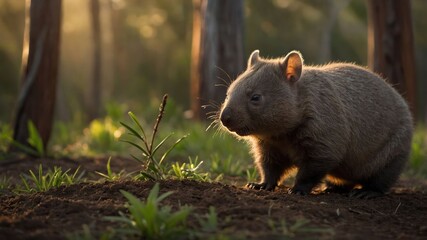 Obraz premium A wombat in a sunlit forest setting, showcasing its natural habitat and behavior.