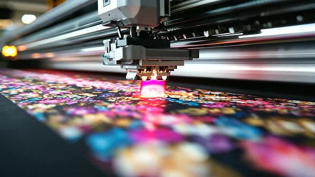 High-resolution close-up of a DTF printer's printhead precisely transferring colorful ink onto a textile surface, capturing the fine details of the design.