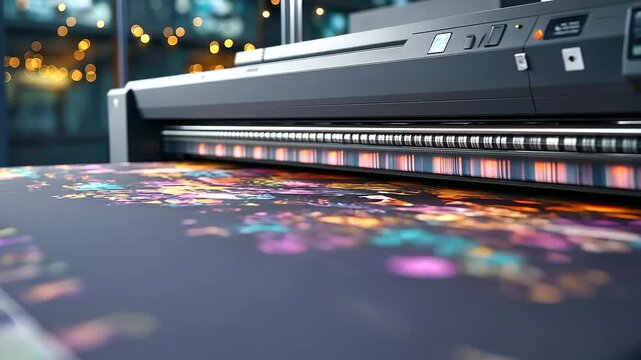A direct-to-film (DTF) printer in action, applying rich, full-spectrum colors onto a fabric roll, demonstrating advanced textile printing technology.