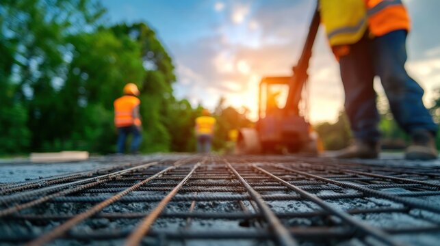 Construction workers laying reinforcement bars outdoor site action sunset environment close-up view industry insights