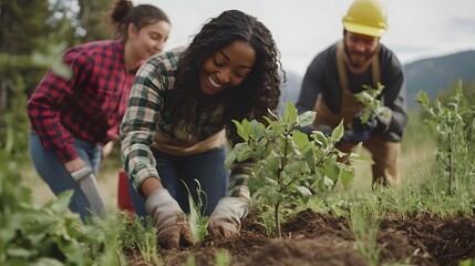 Group of diverse individuals planting seeds, engaged in community gardening, vibrant green surroundings, collaborative effort.
