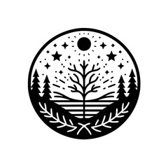 A Black and White Circular Illustration of a Nightscape, Featuring a Tree, Stars, Forest, and Sun, Framed by Laurel.