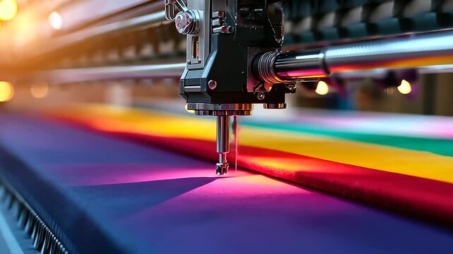 Detailed shot of a textile printing DTF machine applying radiant colors with perfect alignment, emphasizing accuracy and innovation in fabric customization.