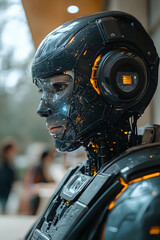 Futuristic robot with glowing accents, gazing pensively