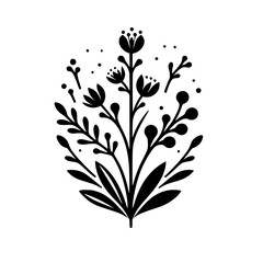 A minimalist black and white floral arrangement design, featuring stylized blossoms, leaves, berries, and delicate dot accents, creating a balanced and elegant composition.