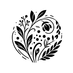 Intricate Black and White Floral Mandala with Leaves, Berries, and Swirls, Forming a Circular Design on a Plain White Backdrop.