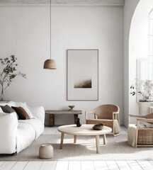 Fototapeta premium Minimalist living room with white sofa, wooden furniture, and artwork.