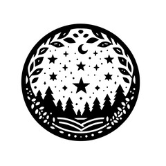 Silhouette illustration: A round design featuring a forest of trees under a starry night sky, enclosed by leaves and a crescent moon.