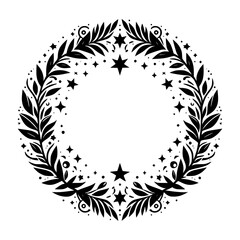 Elegant Black and White Circular Design Featuring a Botanical Wreath Border with Stars and Decorative Elements, Ideal for Invitations and Embellishments.