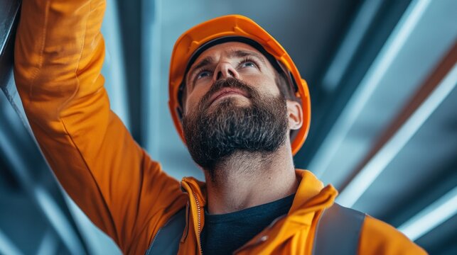 Construction worker inspecting project industrial site urban environment close-up view safety insight