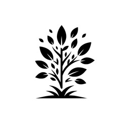 A symmetrical black and white minimalist illustration of a stylized young tree with leaves, on a plain white background, representing growth.
