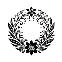 Elegant Black and White Floral Wreath Design featuring Detailed Foliage and Blooms in a Symmetrical Composition on a Clean White Background.