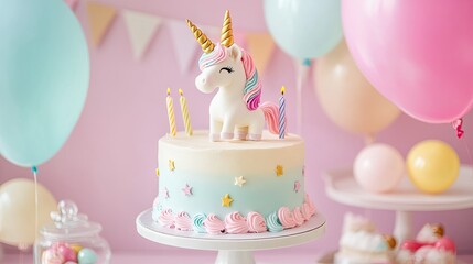 Colorful unicorn birthday cake with candles and pastel decorations surrounded by balloons and sweets