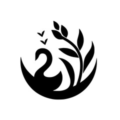 A stylized black and white logo featuring a swan, leaves, and three birds in flight, set against a clean white background.