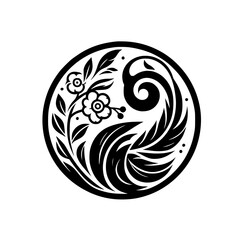Elegant Black and White Floral Mandala: A circular composition of stylized blossoms, swirling leaves, and organic forms creating a balanced, decorative design.