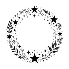 Elegant celestial wreath composed of stars, leaves, and whimsical botanical elements, forming a decorative circular frame on a pristine white background, exuding a magical and serene vibe.