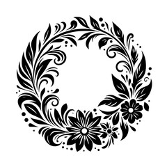 Intricate Black and White Floral Wreath Design with Leafy Vines and Floral Elements on a Clean White Background.