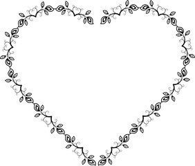 Illustration of a heart shaped wreath with hearts, floral leaves and vines running behind isolated on a transparent  background. Wreath of hearts and vines