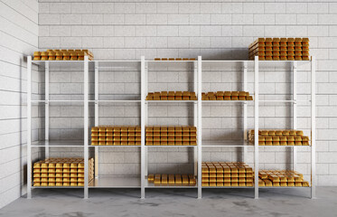 The gold bars are on the shelves of the warehouse. Investments in gold concept