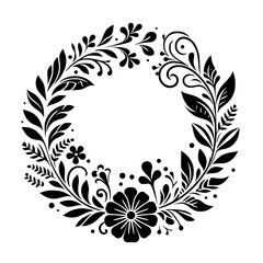Elegant Black and White Floral Wreath Featuring Leaves, Flowers, and Delicate Curl Motifs in a Circular Composition, Isolated on White.