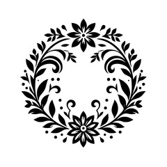 Intricate Black and White Floral Wreath Design Featuring Flowers, Leaves, and Curlicues, Creating a Symmetrical, Elegant Composition.