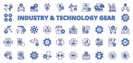 Obraz premium Industry and technology gear icons in line design blue. Industry, technology, gear, machinery, automation on white background vector. Industry and technology gear editable stroke icons