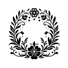 Intricate Black and White Floral Wreath Design Featuring Stylized Flowers, Leaves, and Delicate Curved Elements, Creating a Symmetrical Composition on a Pure White Background.
