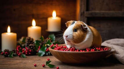 A guinea pig surrounded by berries in a cozy setting with candles.