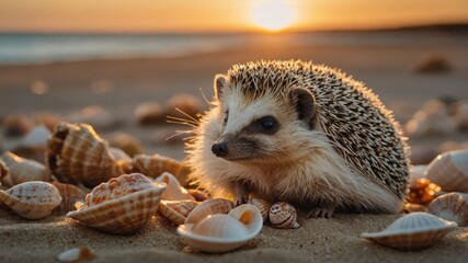 A hedgehog resting on a sandy beach surrounded by seashells at sunset.