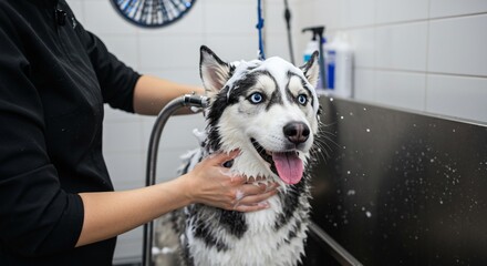 A husky dog is being bathed and showered with shampoo by a groomer in a grooming salon
