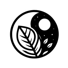 A minimalist yin-yang illustration blending nature's elements with the cosmos; a leaf represents the day and a starlit night the dark.
