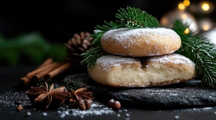 Festive, sugared cookies layered, adorned with pine sprigs, and spices.  A delightful, wintery treat