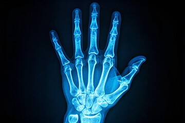 Radiant X-ray: A detailed x-ray image reveals the intricate skeletal structure of a human hand, illuminated against a dark backdrop. Showcasing medical science.