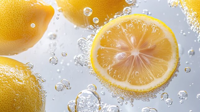 Closeup of fresh lemons and lemon slice underwater with sparkling bubbles creating refreshing citrus scene - Powered by Adobe