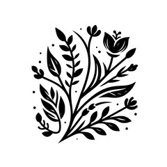 Elegant Black and White Floral Illustration: A Stylized Composition of Leaves, Blossoms, and Decorative Elements on a Clean White Background.