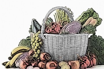 big basket with vegetables and fruits -  there are both vegetables and some fruits. some of them out of basket