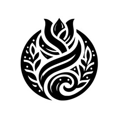 Intricate Black and White Floral Emblem: A stylized rose, leaves, and swirling patterns within a circular frame, rendered in bold lines.