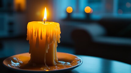 During the holiday season, a warm and cozy atmosphere is created in a softly lit living room by a glowing candle melting away on a plate