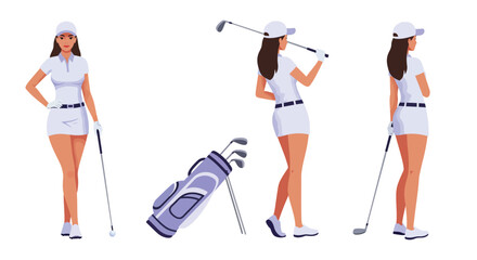 Female golfer in action poses with golf club and bag in flat vector art