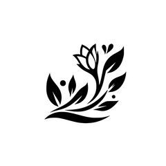 Elegant Black and White Floral Design: A stylized blossom with delicate petals and organic leaves, creating a refined, minimalist aesthetic, set against a pristine white background.