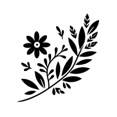 Elegant Black and White Botanical Illustration: A Stylized Floral Composition with a Central Flower, Branch, and Leaves.
