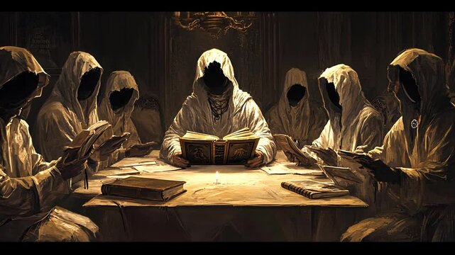 Solemn conclave: Mysterious figures in hooded robes gathered around an ancient table