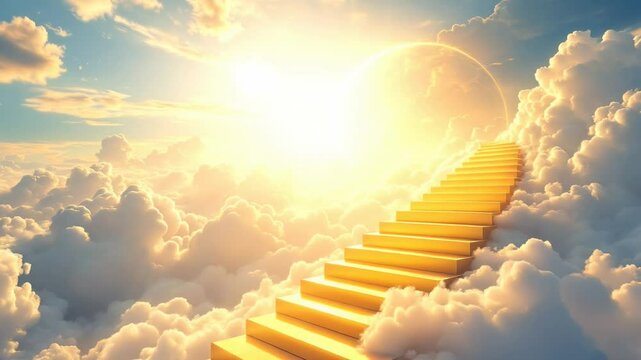  Ladder or way heavens gate in paradise. After life concept. Stairs to heaven in beautiful blue cloudy sky. God light. Stairway through clouds leading to heavenly light in spiritual fantasy. Religion.