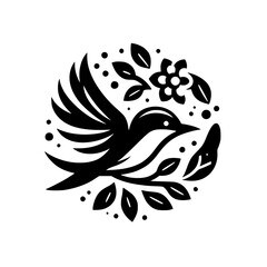 Elegant Black and White Bird Illustration: Flying Through Floral Foliage in a Circular, Symbolic Arrangement, Evoking Nature's Harmony.